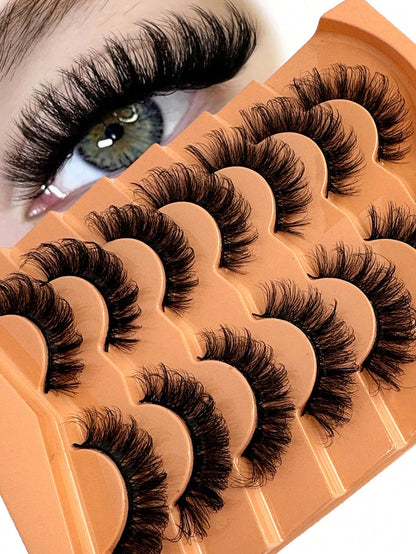 7 Pairs Of Faux Mink Fluffy Russian Volume DD Curl False Eyelashes, Dramatic Mink Lashes For Long Lasting Cat Eye & Corner Lift, Suitable For Beginners, Reusable Strip Lashes,Lashes,Eyelashes,Fake Las