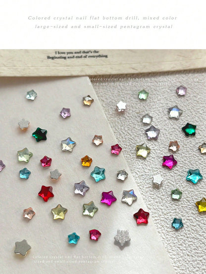 70pcs 4mm Colorful Star & Heart Shaped Nail Art Rhinestones, Assorted Glitter Nail Decorations, Suitable For Cute Nail Designs, Spring/Summer DIY Accessories Nail Charms
