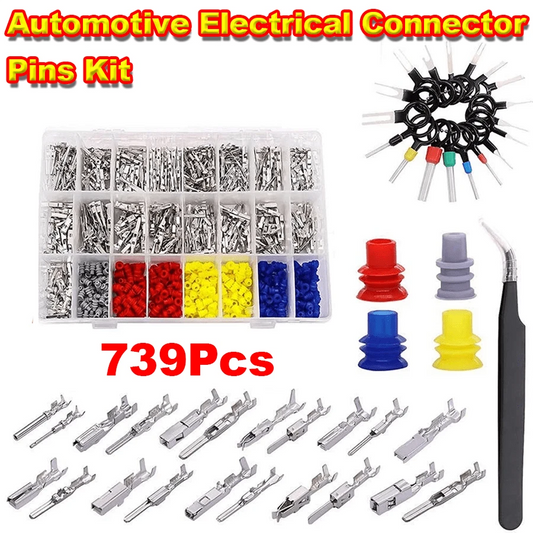 739Pcs Automotive Electrical Connector Pins Kit, Durable Copper & Plastic Material, Multi-Size Wire Harness Terminal Set; Sleek Color-Coded (Red/Yellow/Blue) Practical Style, Compartmentalized Storag