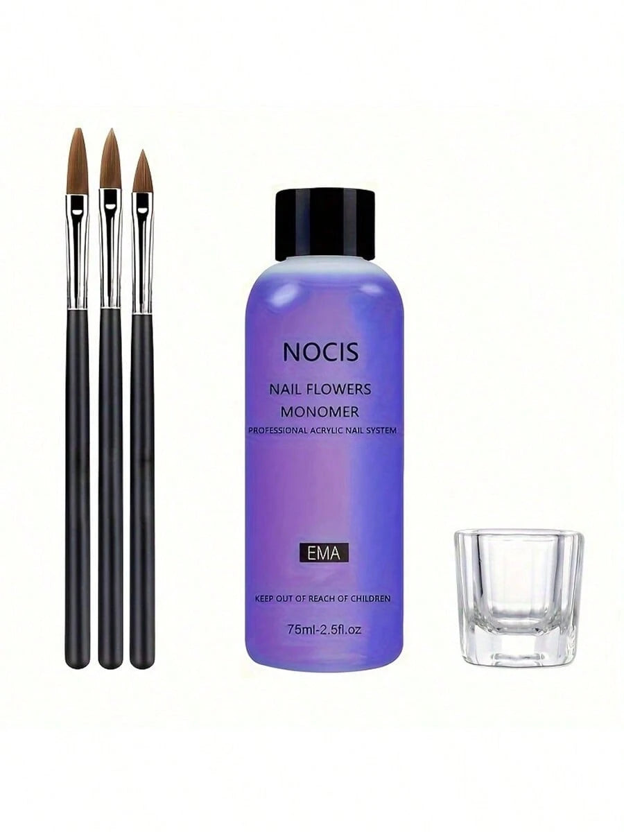 75ml NOCIS Acrylic Liquid Monomer Set- Professional Odorless Nail Extension System, Includes 3 Nail Brushes And Glass Mixing Palette, Suitable For Acrylic Press-On Nails