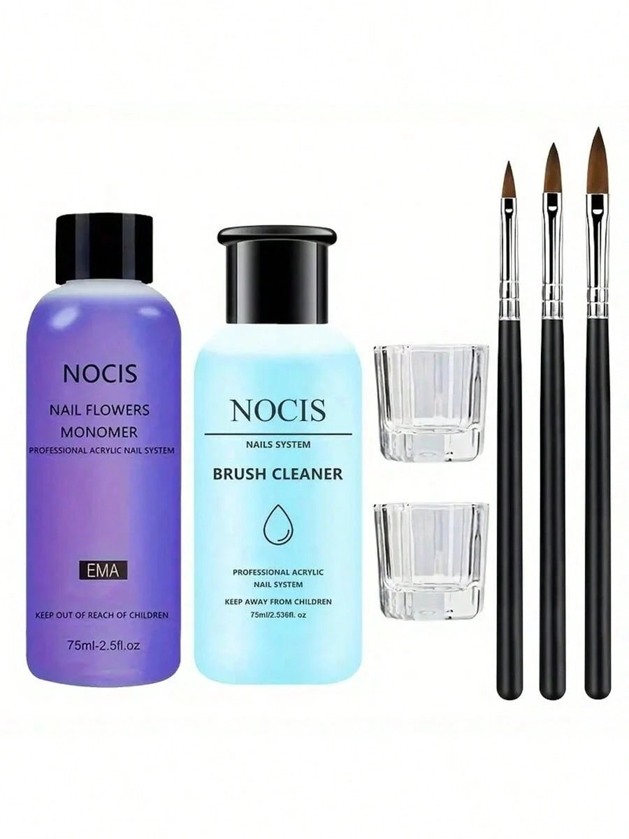75ml NOCIS Acrylic Liquid Monomer Set- Professional Odorless Nail Extension System, Includes 3 Nail Brushes And Glass Mixing Palette, Suitable For Acrylic Press-On Nails