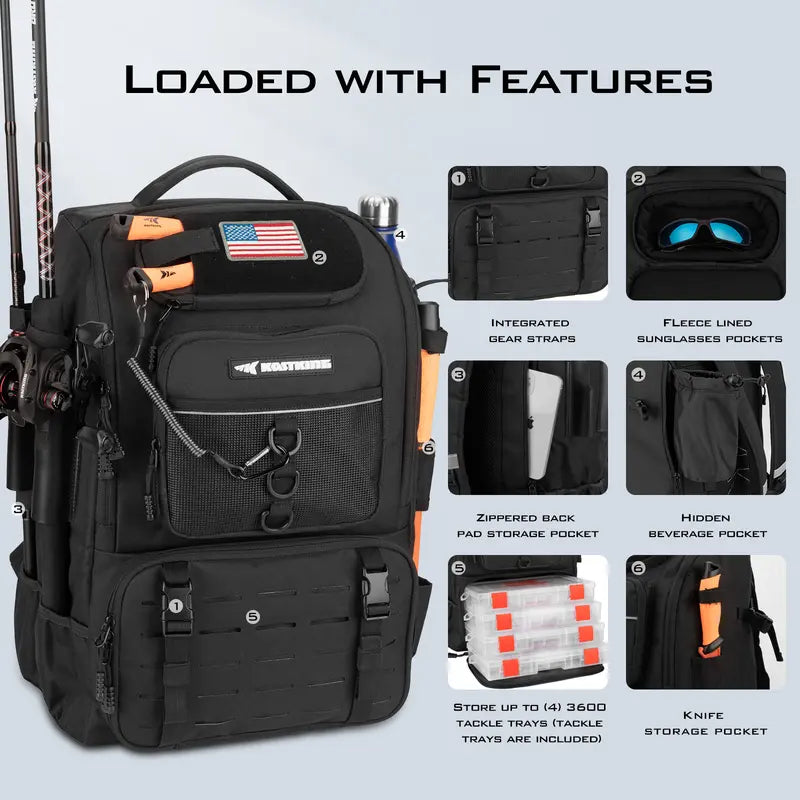 40L Fishing Tackle Backpack with Rod Holders & 4 Tackle Boxes, Waterproof Fishing Gear Storage Bag for Camping, Hunting & Outdoor Activities