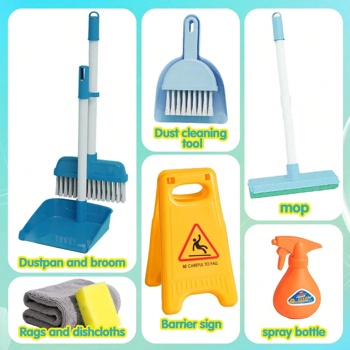 7pcs/9pcs Children's Play Cleaning Tool Set Includes Broom, Mop, Dustpan, Spray Bottle, Sponge, And More Household Chore Role-Play Toys Parent-Child Interactive Cleaning Games Suitable For Boys And Gi