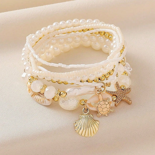 7pcs Shell Pearl & Starfish Beaded Layered Bracelet Set, Bohemian Style Design, Beach Vacation Casual Wear, Random Shell Pattern, Also Suitable For Party, Wedding, Bridal Bracelet