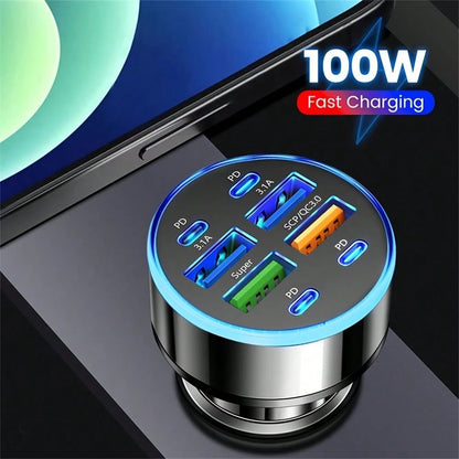 8-In-1 Super Fast Charging Adapter, 4 USB + 4 PD Car Charger, Compatible With IPhone 17 Pro Max, 14 Plus, 13, 12, 11, Compact & Portable, With QC3.0 Fast Charging, LED Indicator, PD+USB Dual Output, S
