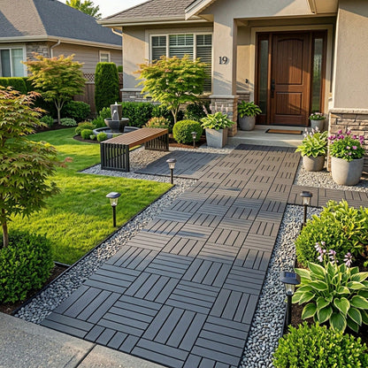 84 PCS Interlocking Deck Tiles, 12" X 12" Outdoor Patio Flooring, All-Weather Heavy Duty Modular Pavers With Non-Slip Wood Grain Design For Porch, Garden, Balcony And Poolside, Grey