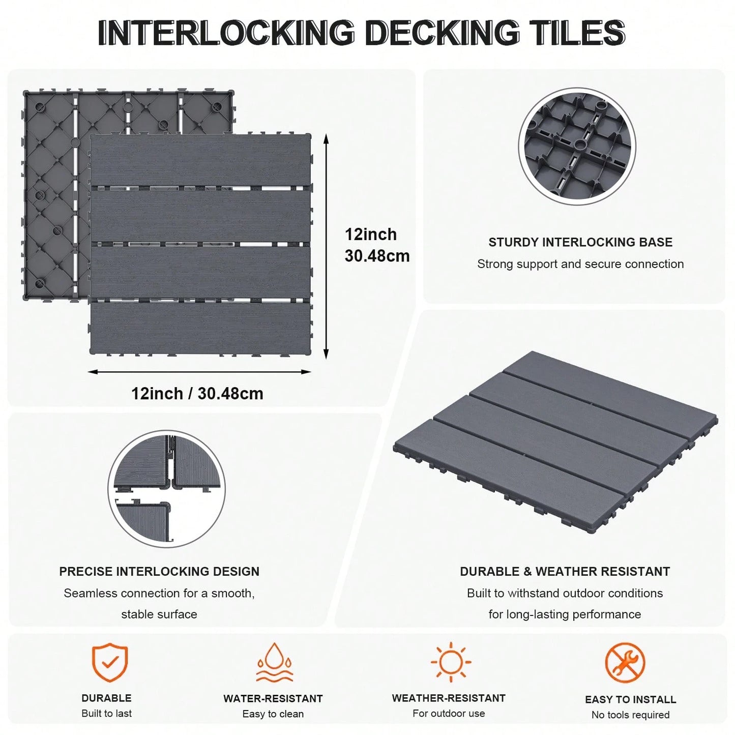 84 PCS Interlocking Deck Tiles, 12" X 12" Outdoor Patio Flooring, All-Weather Heavy Duty Modular Pavers With Non-Slip Wood Grain Design For Porch, Garden, Balcony And Poolside, Grey