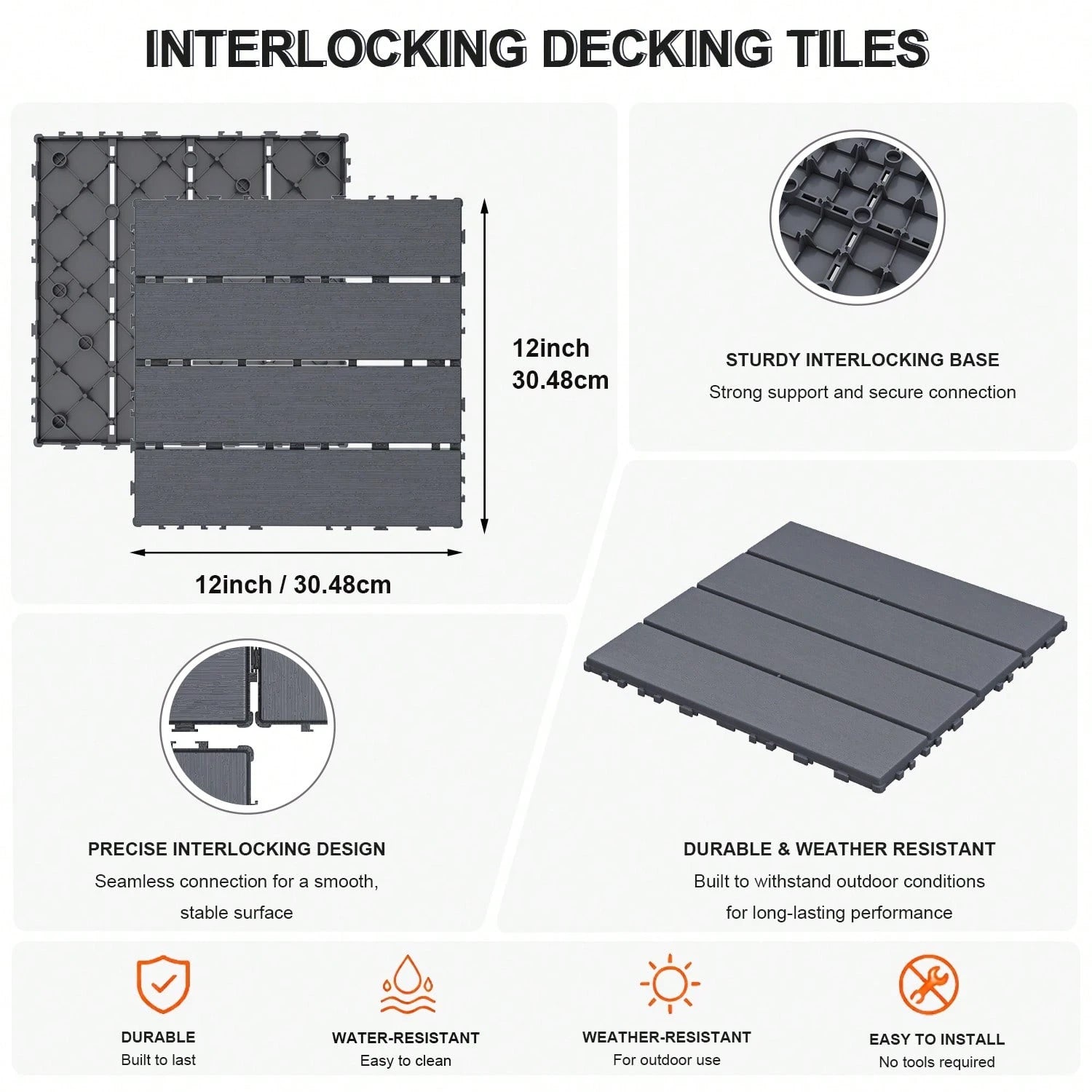 84 PCS Interlocking Deck Tiles, 12" X 12" Outdoor Patio Flooring, All-Weather Heavy Duty Modular Pavers With Non-Slip Wood Grain Design For Porch, Garden, Balcony And Poolside, Grey