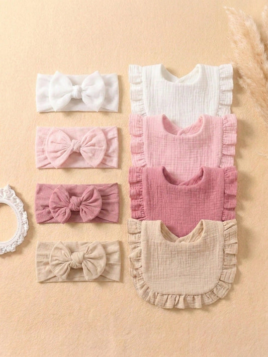 8pcs Candy Color Pure Cotton Cute Ruffle Baby Bibs, Soft & Skin-Friendly Elastic Bow Headband Baby Hair Accessories, Suitable For Daily Use In All Seasons