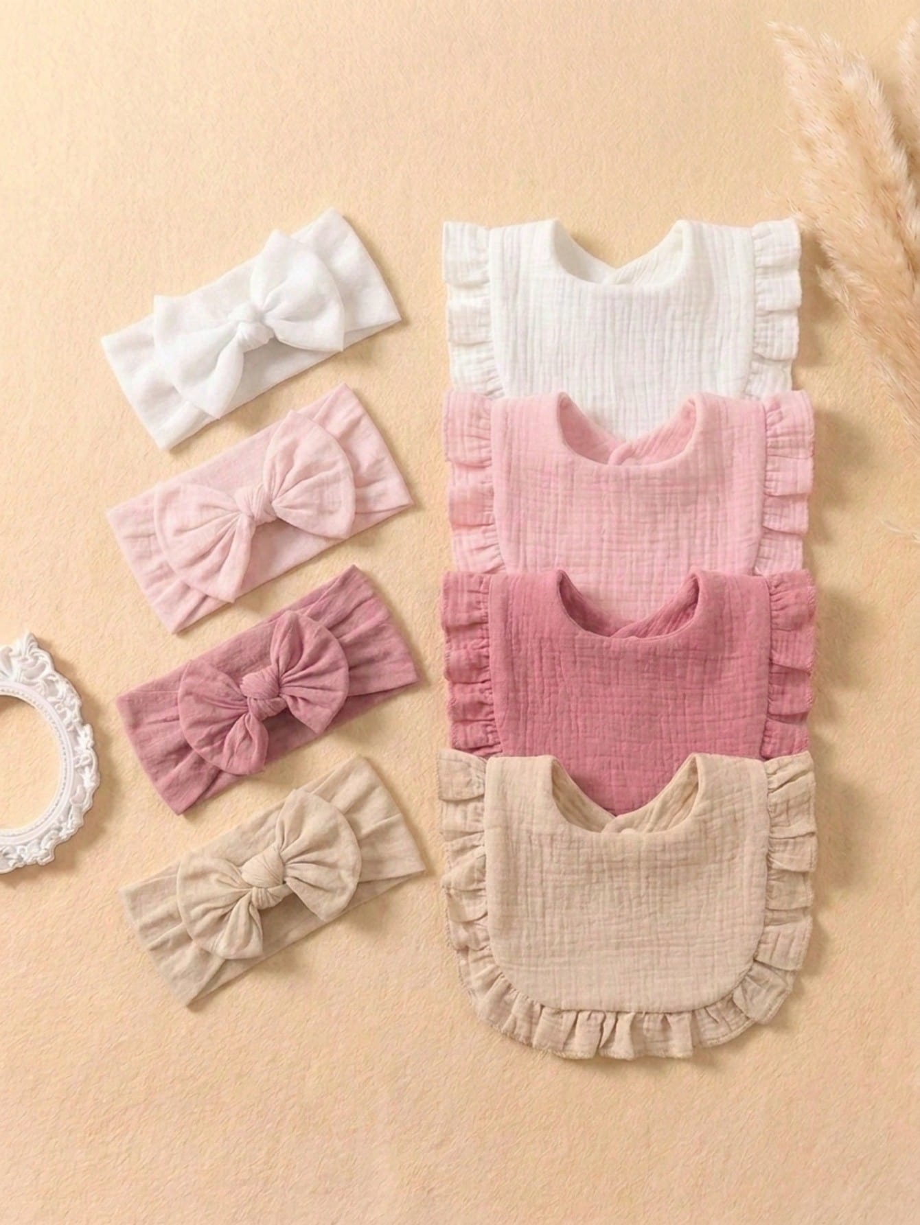 8pcs Candy Color Pure Cotton Cute Ruffle Baby Bibs, Soft & Skin-Friendly Elastic Bow Headband Baby Hair Accessories, Suitable For Daily Use In All Seasons