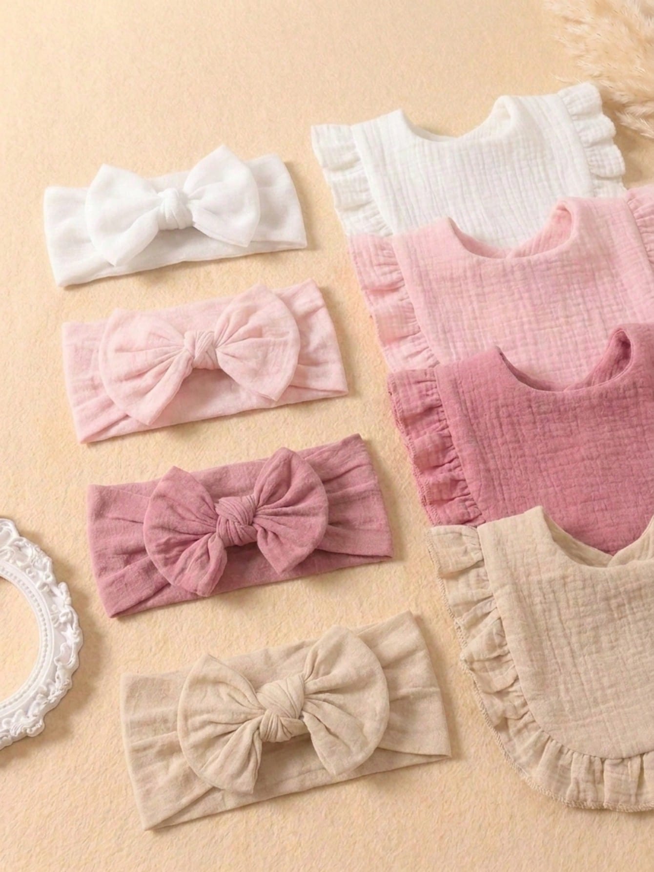 8pcs Candy Color Pure Cotton Cute Ruffle Baby Bibs, Soft & Skin-Friendly Elastic Bow Headband Baby Hair Accessories, Suitable For Daily Use In All Seasons