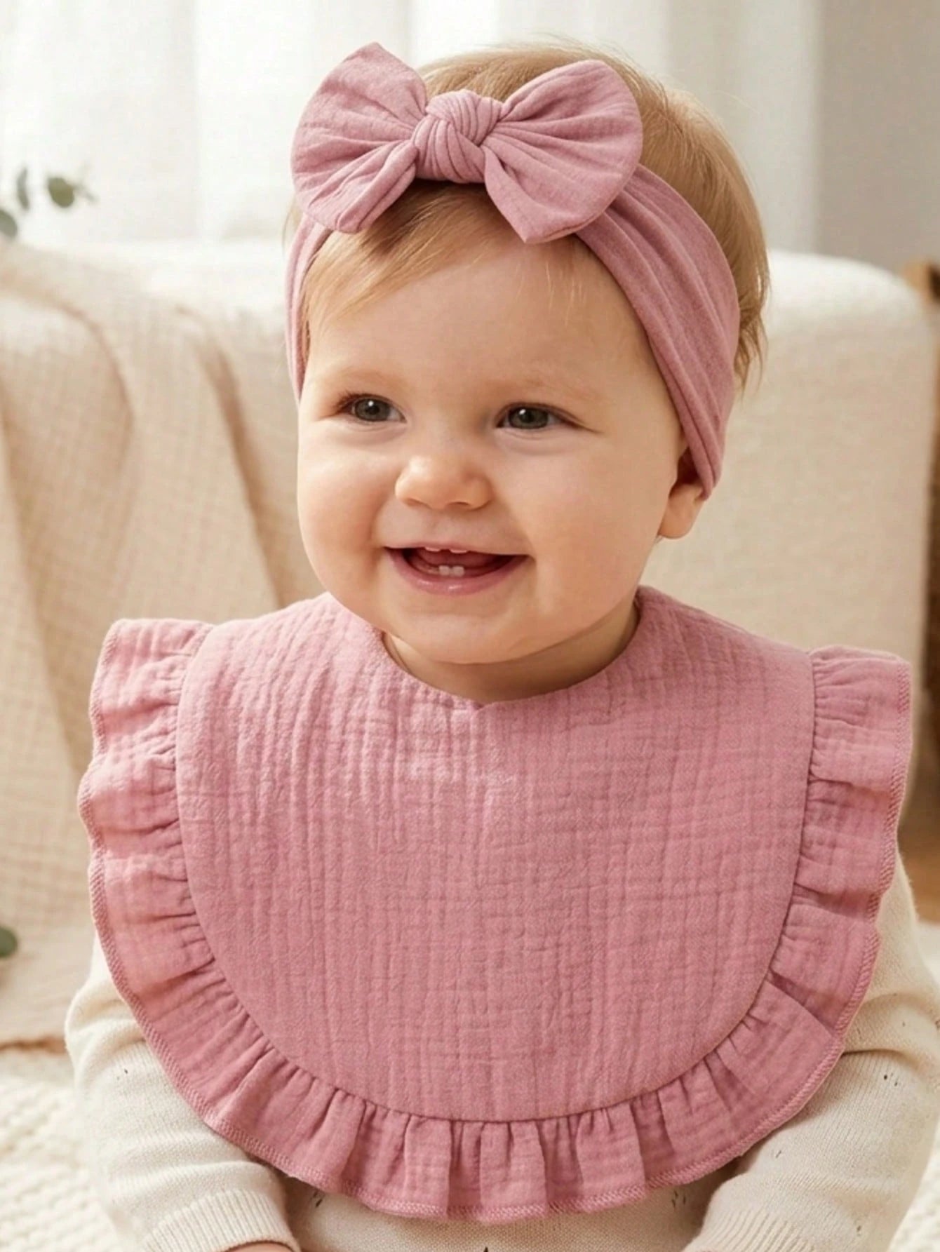8pcs Candy Color Pure Cotton Cute Ruffle Baby Bibs, Soft & Skin-Friendly Elastic Bow Headband Baby Hair Accessories, Suitable For Daily Use In All Seasons