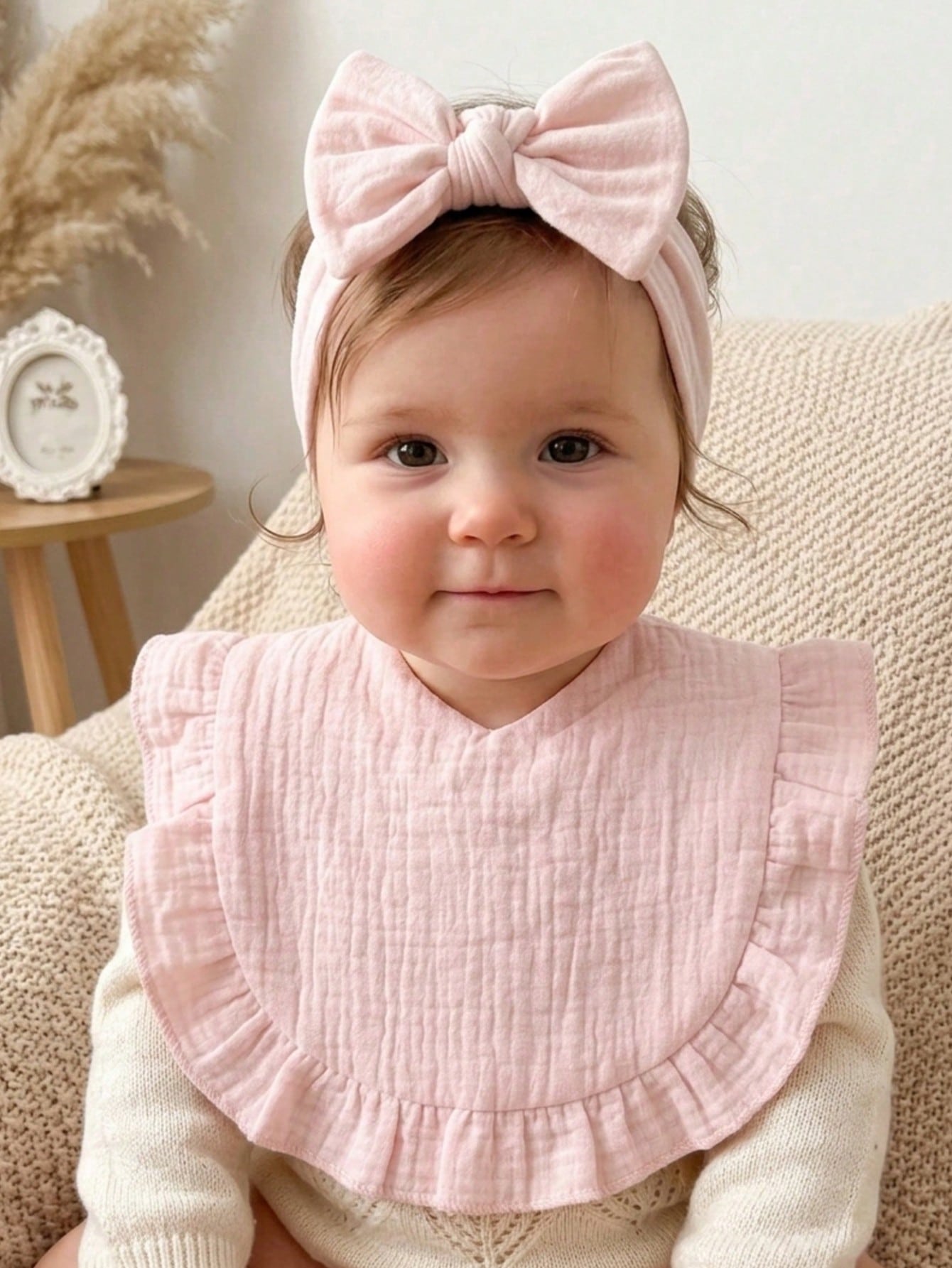 8pcs Candy Color Pure Cotton Cute Ruffle Baby Bibs, Soft & Skin-Friendly Elastic Bow Headband Baby Hair Accessories, Suitable For Daily Use In All Seasons