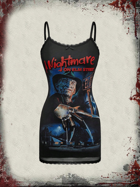 A Nightmare on Elm Street X ROMWE Spring|Summer Carnival Party Casual Graphic Women's Figure Graphic Mesh Patchwork Camisole Black Mini Dress
