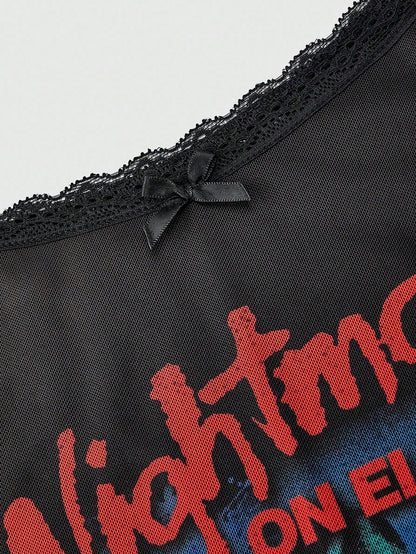 A Nightmare on Elm Street X ROMWE Spring|Summer Carnival Party Casual Graphic Women's Figure Graphic Mesh Patchwork Camisole Black Mini Dress