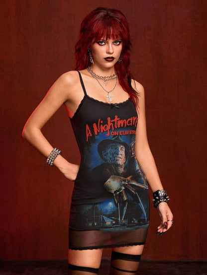 A Nightmare on Elm Street X ROMWE Spring|Summer Carnival Party Casual Graphic Women's Figure Graphic Mesh Patchwork Camisole Black Mini Dress