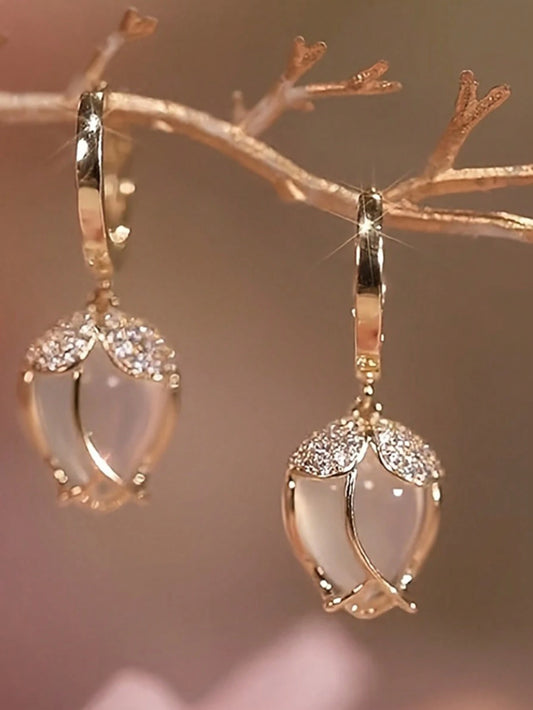 A Pair Creative Imitation Opal Stone Tulip-Shaped Earrings, Cute Earrings For Girls, Fashion, Wedding. Valentine's Day Accessories