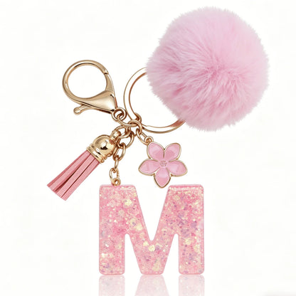 A-Z Fluffy Pom Pom Keychain, Fashionable Bag Charm & Key Ring, Holiday Bag Accessory, Perfect Gift For Valentine's Day/Birthday/New Year