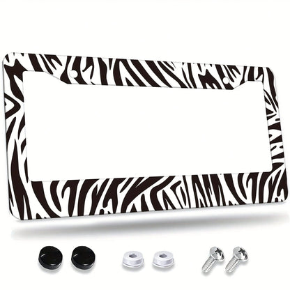 A Zebra-Pattern License Plate Frame Designed As A Vehicle Decorative Cover.This Aluminum Bracket Holder Is Rust-Proof, Noise-Proof, And Weather-Resistant, Suitable For Standard American License Plates