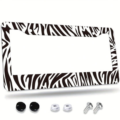 A Zebra-Pattern License Plate Frame Designed As A Vehicle Decorative Cover.This Aluminum Bracket Holder Is Rust-Proof, Noise-Proof, And Weather-Resistant, Suitable For Standard American License Plates