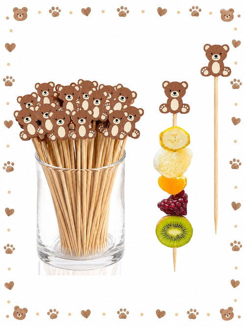 About100pcs-Cute Brown Bear Fruit Picks, Neutral Baby Shower Dessert Decoration Toothpicks, Brown Teddy Bear Cocktail Skewers Suitable For 1st Birthday Baby Shower Party Supplies, Cartoon Bear Fruit S