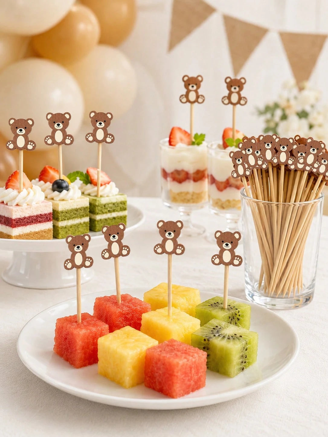 About100pcs-Cute Brown Bear Fruit Picks, Neutral Baby Shower Dessert Decoration Toothpicks, Brown Teddy Bear Cocktail Skewers Suitable For 1st Birthday Baby Shower Party Supplies, Cartoon Bear Fruit S
