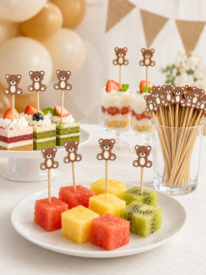 About100pcs-Cute Brown Bear Fruit Picks, Neutral Baby Shower Dessert Decoration Toothpicks, Brown Teddy Bear Cocktail Skewers Suitable For 1st Birthday Baby Shower Party Supplies, Cartoon Bear Fruit S