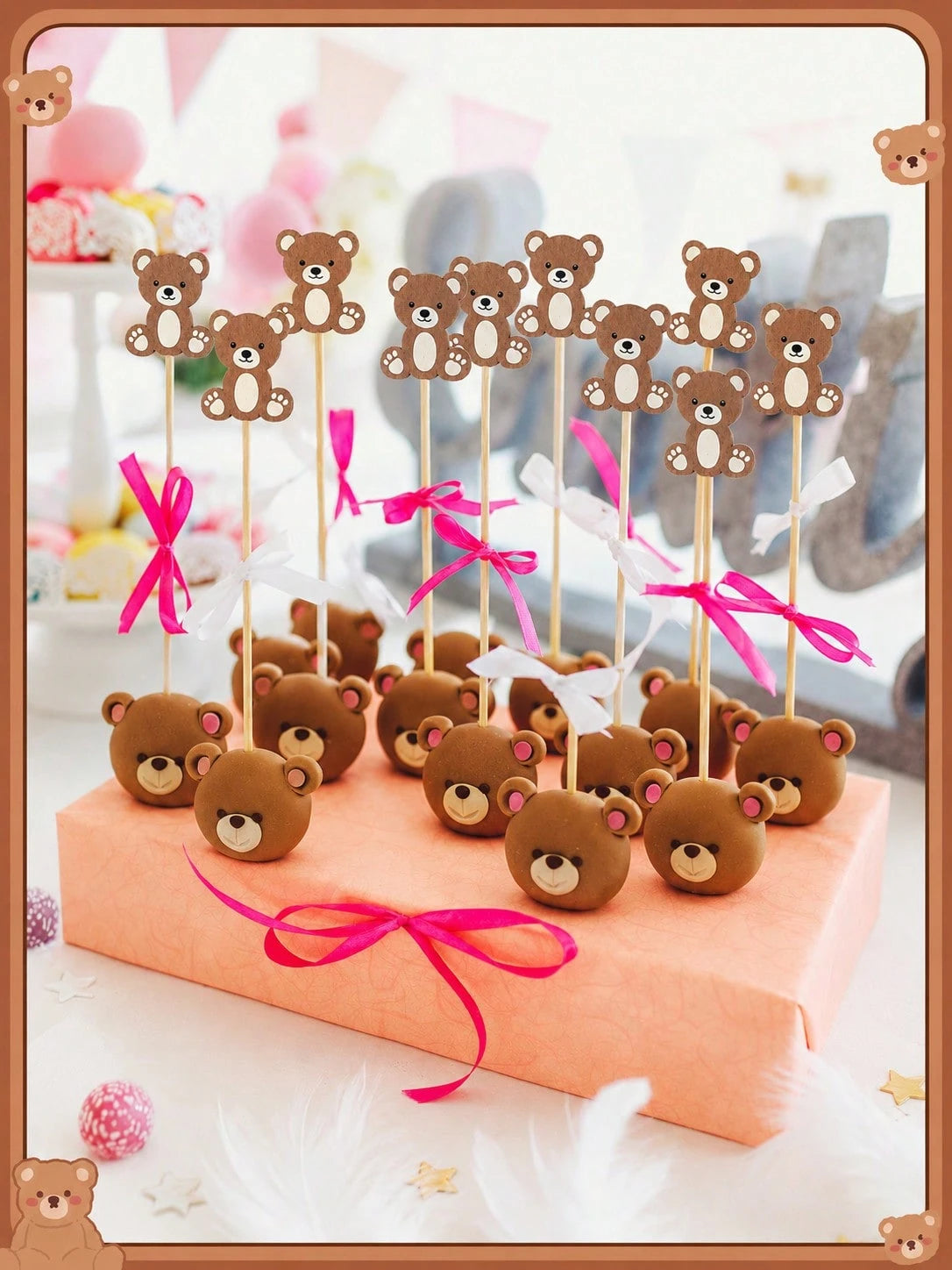 About100pcs-Cute Brown Bear Fruit Picks, Neutral Baby Shower Dessert Decoration Toothpicks, Brown Teddy Bear Cocktail Skewers Suitable For 1st Birthday Baby Shower Party Supplies, Cartoon Bear Fruit S