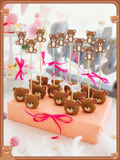 About100pcs-Cute Brown Bear Fruit Picks, Neutral Baby Shower Dessert Decoration Toothpicks, Brown Teddy Bear Cocktail Skewers Suitable For 1st Birthday Baby Shower Party Supplies, Cartoon Bear Fruit S