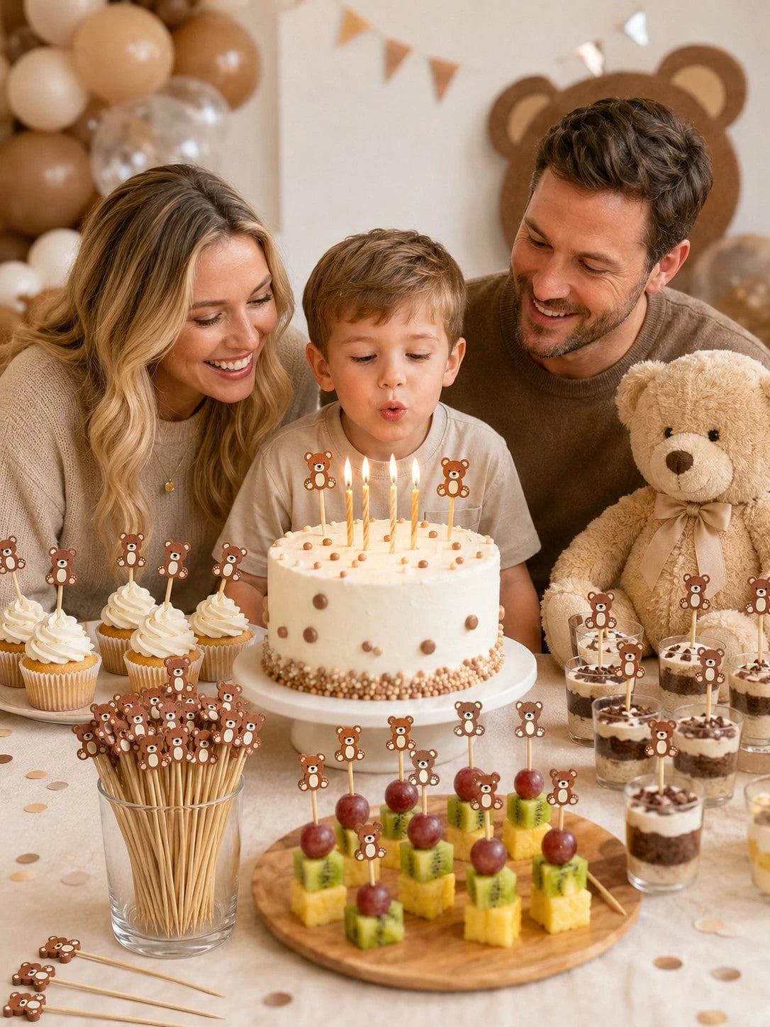 About100pcs-Cute Brown Bear Fruit Picks, Neutral Baby Shower Dessert Decoration Toothpicks, Brown Teddy Bear Cocktail Skewers Suitable For 1st Birthday Baby Shower Party Supplies, Cartoon Bear Fruit S