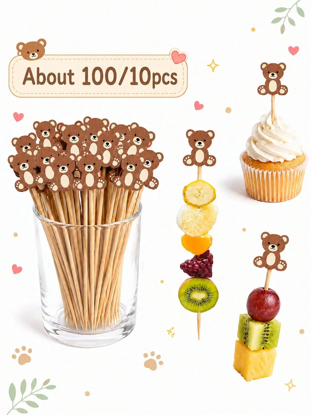 About100pcs-Cute Brown Bear Fruit Picks, Neutral Baby Shower Dessert Decoration Toothpicks, Brown Teddy Bear Cocktail Skewers Suitable For 1st Birthday Baby Shower Party Supplies, Cartoon Bear Fruit S