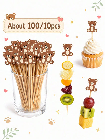 About100pcs-Cute Brown Bear Fruit Picks, Neutral Baby Shower Dessert Decoration Toothpicks, Brown Teddy Bear Cocktail Skewers Suitable For 1st Birthday Baby Shower Party Supplies, Cartoon Bear Fruit S