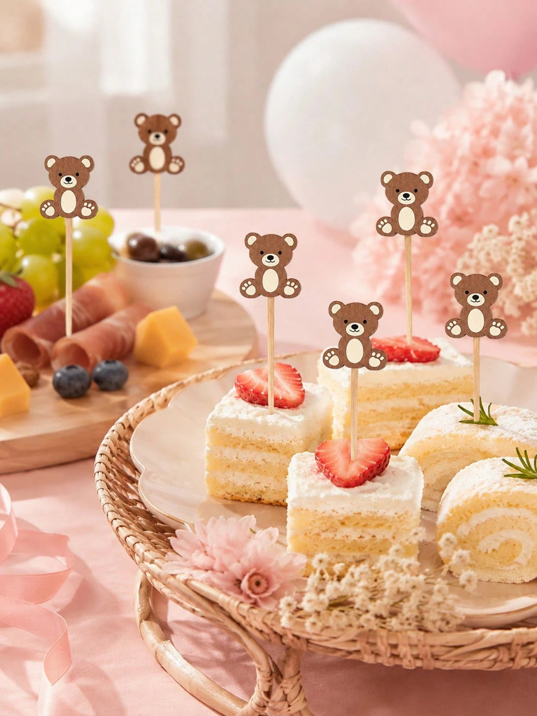 About100pcs-Cute Brown Bear Fruit Picks, Neutral Baby Shower Dessert Decoration Toothpicks, Brown Teddy Bear Cocktail Skewers Suitable For 1st Birthday Baby Shower Party Supplies, Cartoon Bear Fruit S
