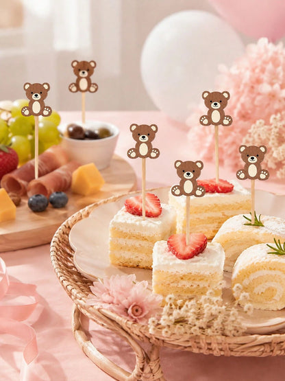 About100pcs-Cute Brown Bear Fruit Picks, Neutral Baby Shower Dessert Decoration Toothpicks, Brown Teddy Bear Cocktail Skewers Suitable For 1st Birthday Baby Shower Party Supplies, Cartoon Bear Fruit S
