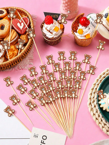 About100pcs-Cute Brown Bear Fruit Picks, Neutral Baby Shower Dessert Decoration Toothpicks, Brown Teddy Bear Cocktail Skewers Suitable For 1st Birthday Baby Shower Party Supplies, Cartoon Bear Fruit S