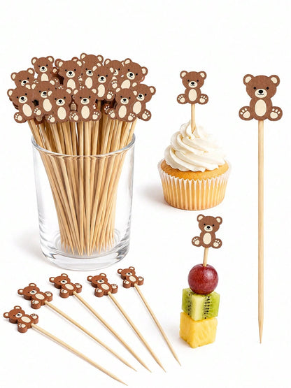 About100pcs-Cute Brown Bear Fruit Picks, Neutral Baby Shower Dessert Decoration Toothpicks, Brown Teddy Bear Cocktail Skewers Suitable For 1st Birthday Baby Shower Party Supplies, Cartoon Bear Fruit S