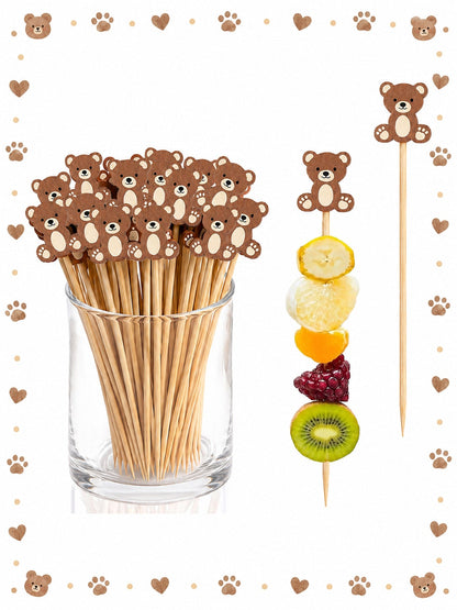 About100pcs-Cute Brown Bear Fruit Picks, Neutral Baby Shower Dessert Decoration Toothpicks, Brown Teddy Bear Cocktail Skewers Suitable For 1st Birthday Baby Shower Party Supplies, Cartoon Bear Fruit S