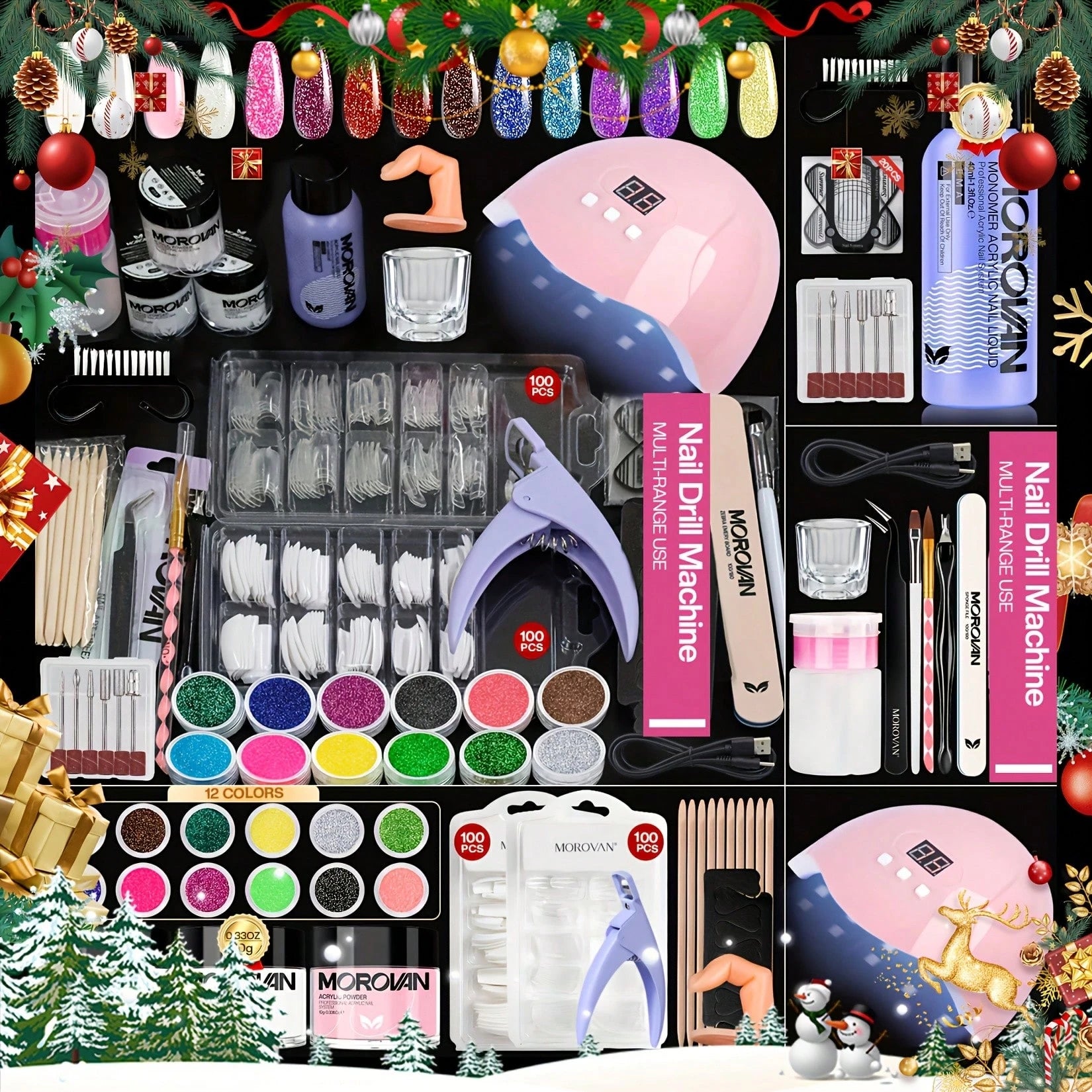 Acrylic Morovan Nail Kit- Clear, Pink, White Powder, Crystal Liquid, Nail Drill, Nail Supplies, Topcoat- Great For Beginners, DIY Nail Tech Supplies, Christmas Gifts,Halloween