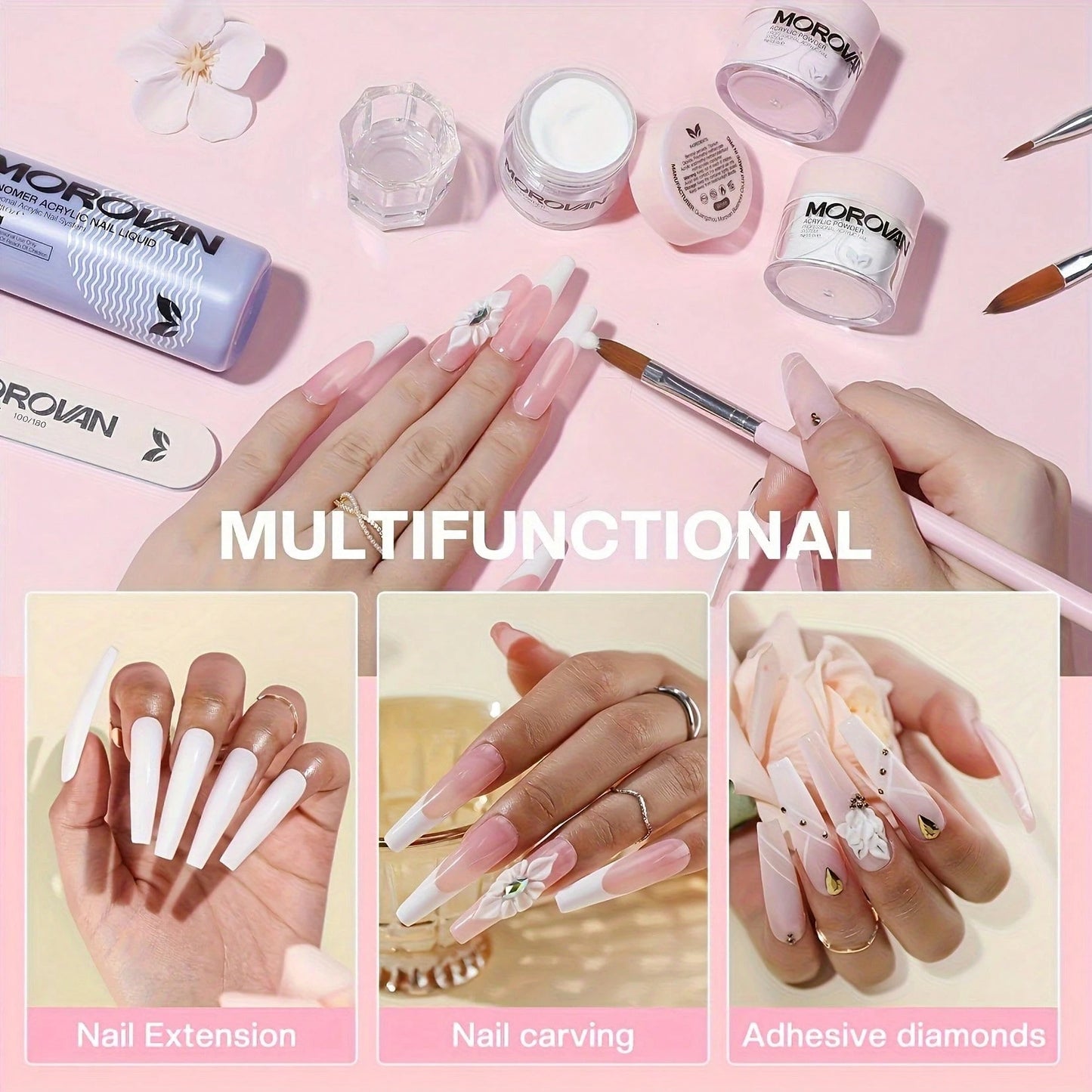 Acrylic Morovan Nail Kit- Clear, Pink, White Powder, Crystal Liquid, Nail Drill, Nail Supplies, Topcoat- Great For Beginners, DIY Nail Tech Supplies, Christmas Gifts,Halloween