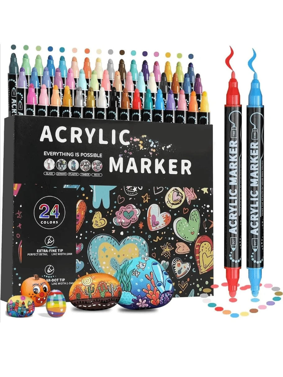 Acrylic Paint Markers 24 Colors, Acrylic Paint Pens, Rock Painting, Paper, Pumpkin, Wood, Egg, Canvas, Ceramic, Fabric, Leather, Glass, DIY Crafts.