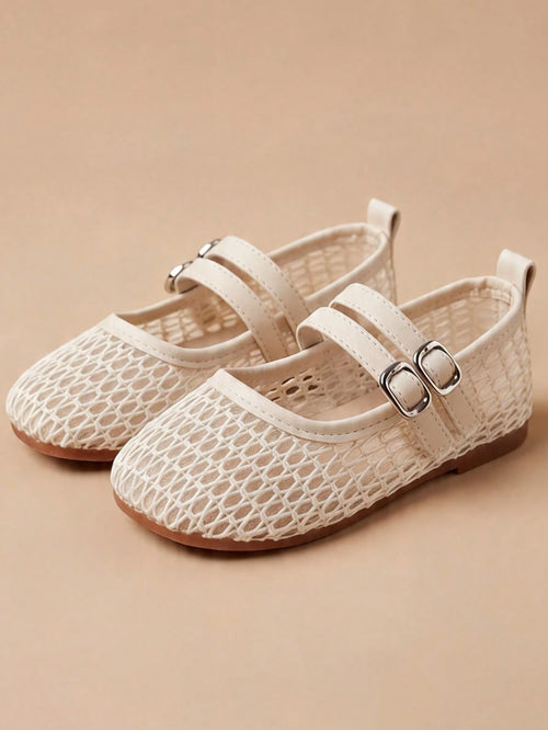 Adjustable Strap Cream White Mary Jane Shoes, Mesh Flat Shoes For Girls Aged 3-12, Breathable Design For School And Travel