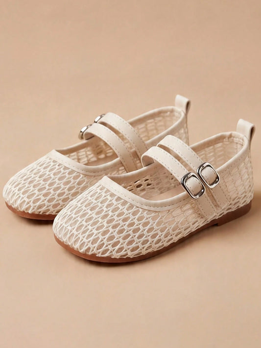 Adjustable Strap Cream White Mary Jane Shoes, Mesh Flat Shoes For Girls Aged 3-12, Breathable Design For School And Travel