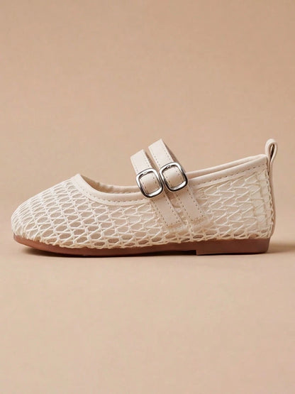 Adjustable Strap Cream White Mary Jane Shoes, Mesh Flat Shoes For Girls Aged 3-12, Breathable Design For School And Travel