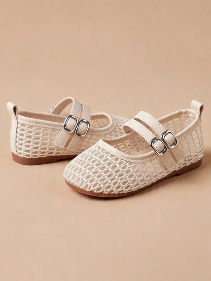 Adjustable Strap Cream White Mary Jane Shoes, Mesh Flat Shoes For Girls Aged 3-12, Breathable Design For School And Travel