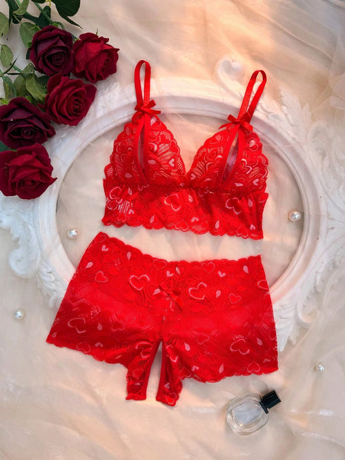 AESKEIA Pink Lace Sexy Set, Women's Open Bust Bra And Open Crotch Panty Set, Erotic Sexy Lingerie, Christmas Valentine's Day New Year Gift