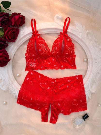 AESKEIA Pink Lace Sexy Set, Women's Open Bust Bra And Open Crotch Panty Set, Erotic Sexy Lingerie, Christmas Valentine's Day New Year Gift