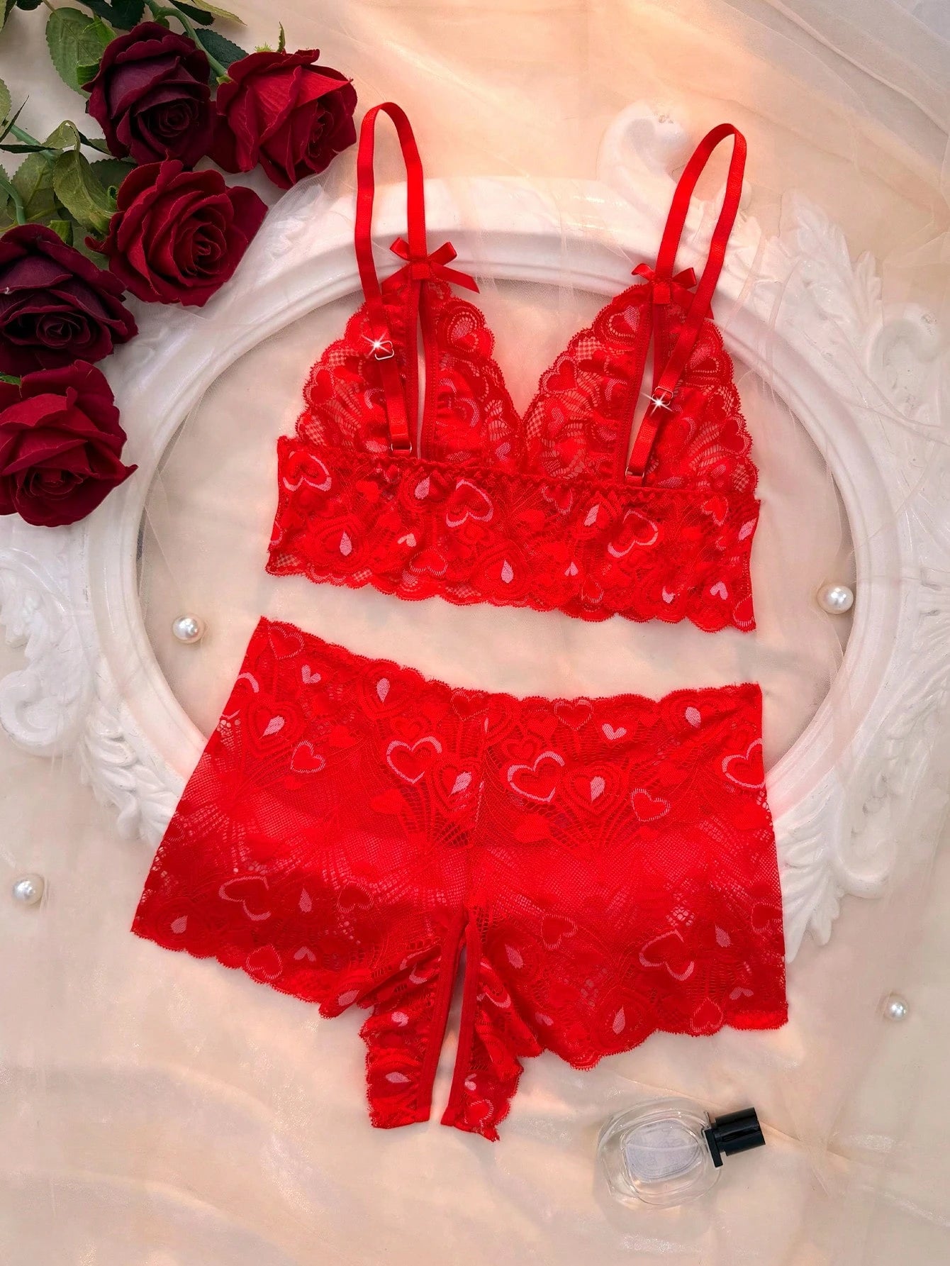 AESKEIA Pink Lace Sexy Set, Women's Open Bust Bra And Open Crotch Panty Set, Erotic Sexy Lingerie, Christmas Valentine's Day New Year Gift