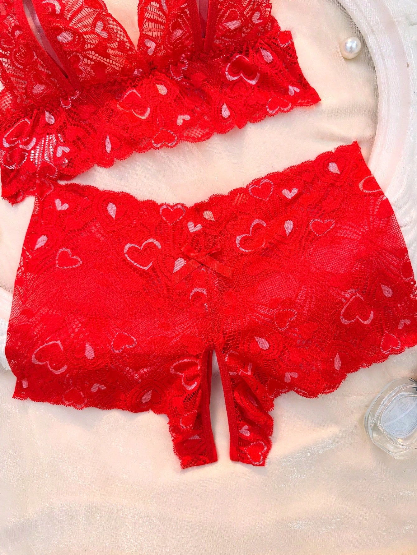 AESKEIA Pink Lace Sexy Set, Women's Open Bust Bra And Open Crotch Panty Set, Erotic Sexy Lingerie, Christmas Valentine's Day New Year Gift