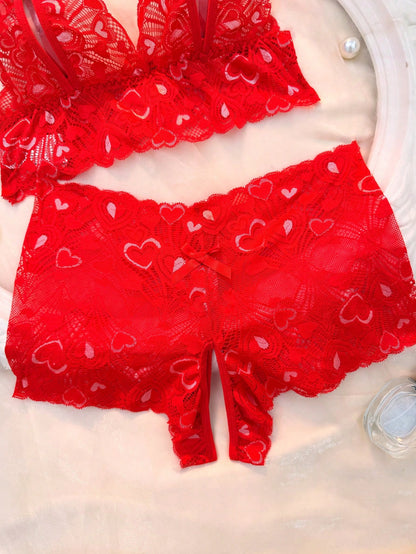 AESKEIA Pink Lace Sexy Set, Women's Open Bust Bra And Open Crotch Panty Set, Erotic Sexy Lingerie, Christmas Valentine's Day New Year Gift