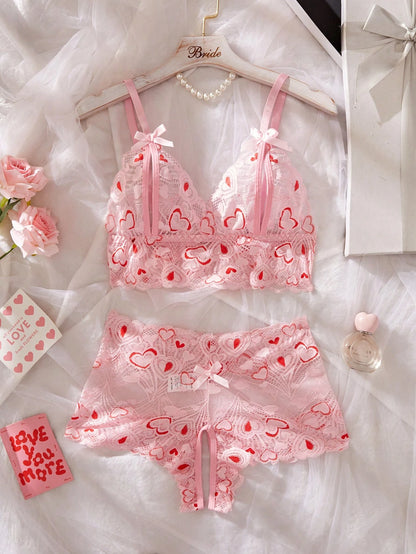 AESKEIA Pink Lace Sexy Set, Women's Open Bust Bra And Open Crotch Panty Set, Erotic Sexy Lingerie, Christmas Valentine's Day New Year Gift